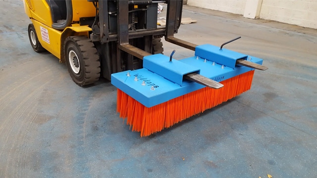 blue and orange widdops forklift sweeper attachment